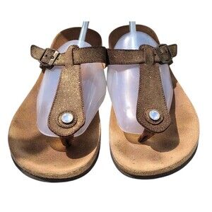 Vionic MARY Orthaheel Thong Sandal Gold Leather Slip on Flats 9 Summer Beach